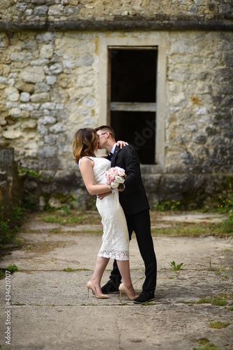 Luxury married wedding couple, bride and groom posing in old city