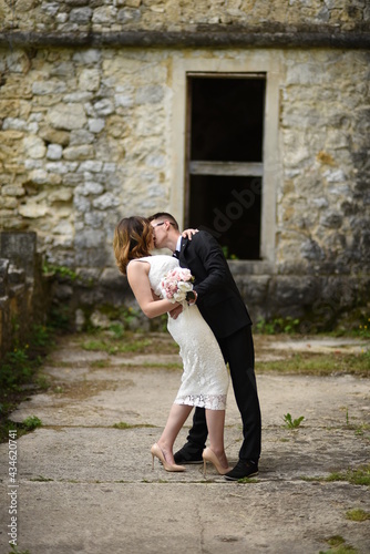 Luxury married wedding couple, bride and groom posing in old city
