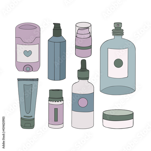 Skin care daily routine in outline hand drawn style. Set of bottles and jars with cream, oil, perfume. Natural cosmetic. Vector illustration.