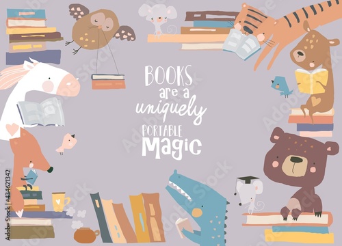 Cute frame composed of animals reading books