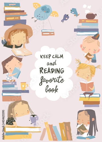 Cute frame composed of children reading books