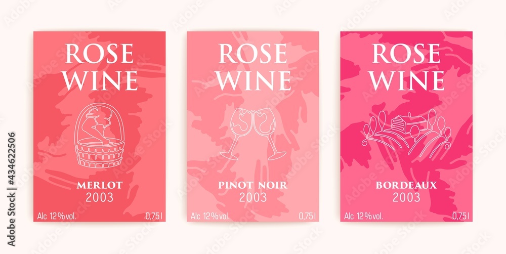 Wine label design. Three saturated rose shades. Minimalistic composition of liquid splash spots. Contemporary outline art. Vector cards