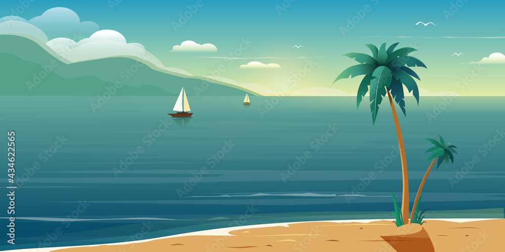 sea background with palms. Vector Illustration