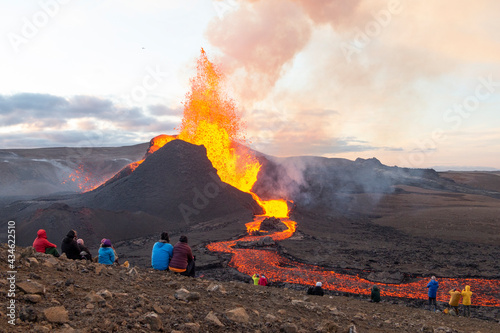 Fotobehang GELDINGADALIR, ICELAND - 11 MAY, 2021: A small volcanic eruption started at the Reykjanes peninsula