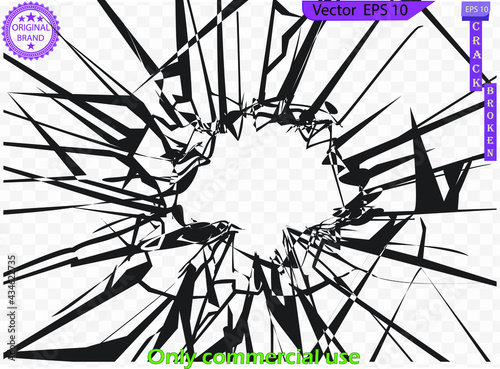 Broken glass, cracks, bullet marks on glass. Cracks vector icons. Black surface crack set with holes and broken ground texture, transparent background. Cracked wall destruction effect. Commercial use