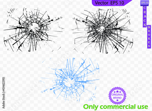 Broken glass, cracks, bullet marks on glass. Cracks vector icons. Black surface crack set with holes and broken ground texture, transparent background. Cracked wall destruction effect. Commercial use