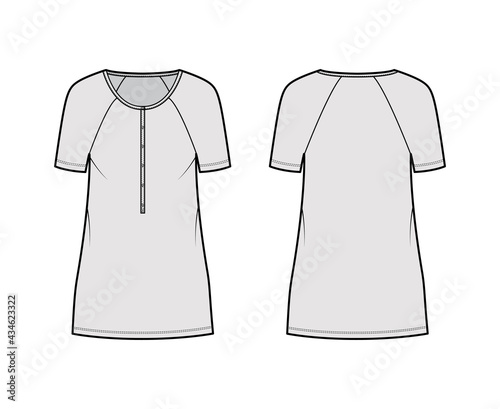 Dress henley collar technical fashion illustration with short raglan sleeves, oversized body, mini length pencil skirt. Flat apparel front, back, grey color style. Women, men unisex CAD mockup