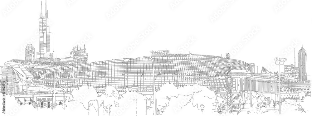 Hand drawn pen and ink rendering of Chicago football field