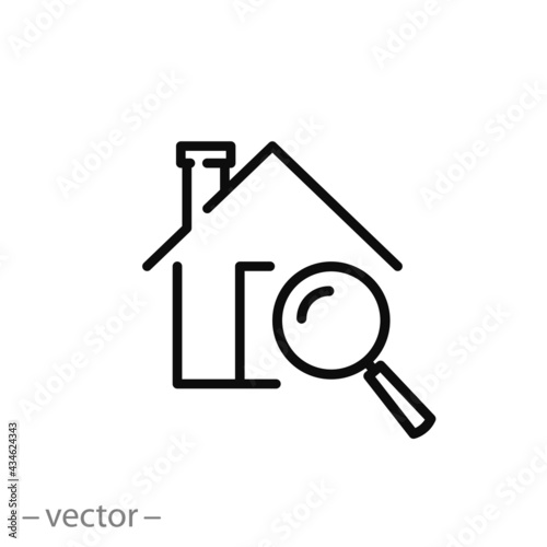 house valuation icon, inspection dwelling with magnifier glass, home search, property buy, thin line symbol on white background - editable stroke vector eps10