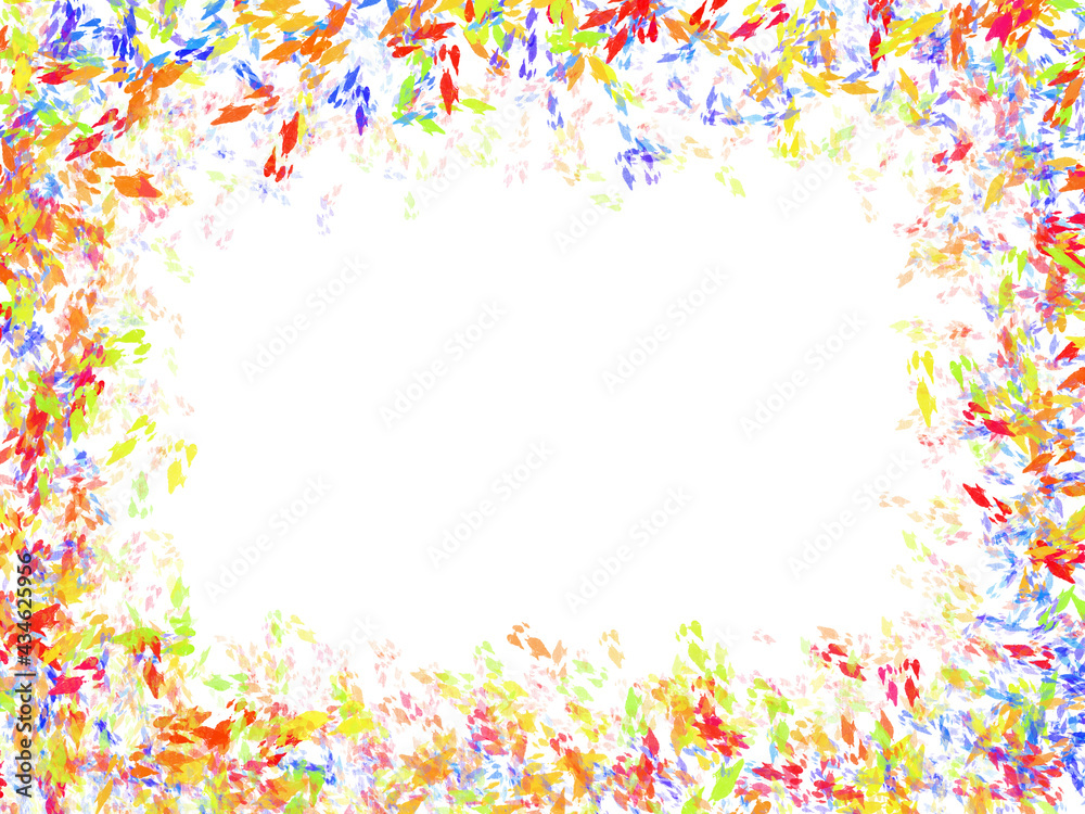 Frame composed of colorful and abstract leaves over central copy space. Digital illustration