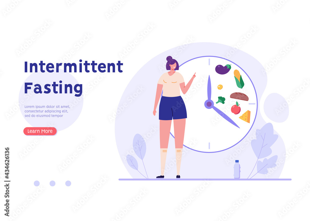 Woman standing food intake clock, diet food set. Concept of fasting