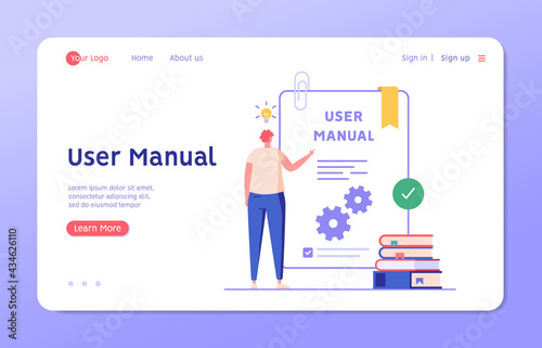 Man read user manual book. User reading and writing guide instruction. Concept of customer guide, useful information, technical document. Vector illustration in flat design for UI, web banner
