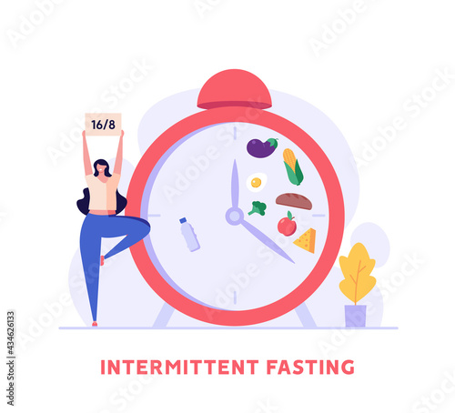 Woman goes in for sports, yoga posture. Concept of fasting, intermittent fasting, diet, diet plan, proper nutrition, dream figure, fitness, healthy food. Vector illustration in flat design