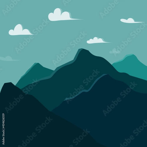 background of high blue snow-capped mountains with white clouds. terrain form, an isolated sharp elevation of an area with pronounced slopes and a foot or summit in a mountainous country