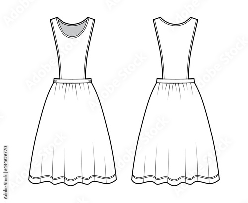 Dress pinafore apron technical fashion illustration with sleeveless, knee length full skirt. Flat apparel front, back, white color style. Women, men unisex CAD mockup