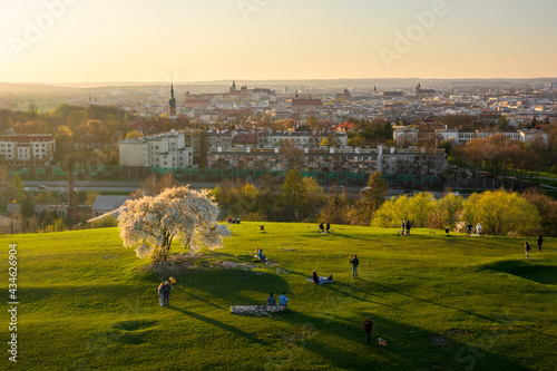 Sunset over Krakow during Spring, view from Krakus Mound