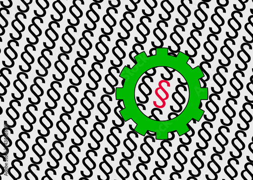 Schwarze Paragraphen und eines in rot und in einem grünen Zahnrad