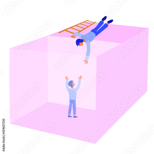 A man pulls a helping hand to a man in a hole. A person deceives another person. Abstract illustration.