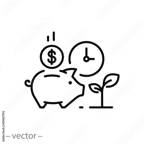 saving time and money, icon, piggy bank with clock, deposit income, management plan concept, economy investment, thin line symbol on white background - editable stroke vector eps10
