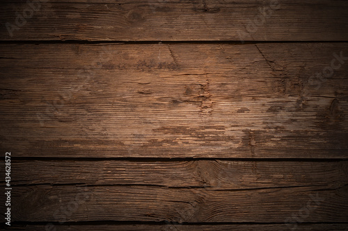 Vintage wood background with vignette. Old wood texture with cracks, scratches, dents.