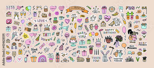 Big celebration color clipart set. Party time doodle clipart with fireworks, party hat, birthday cake, holiday gift box. Hand drawn icons
