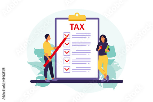 Online tax payment concept. People filling tax form. Vector illustration. Flat.