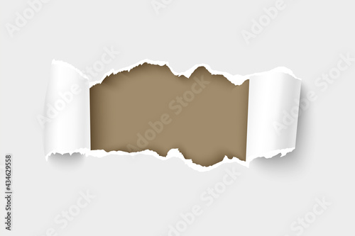 Vector 3d realistic illustration of torn paper with rolled edges with frame for text. Hole in paper