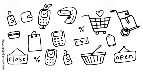 Vector set of online shopping. doodle-style isolated trading elements shopping cart, ATM, credit card, wallet, interest black line on white background for design template