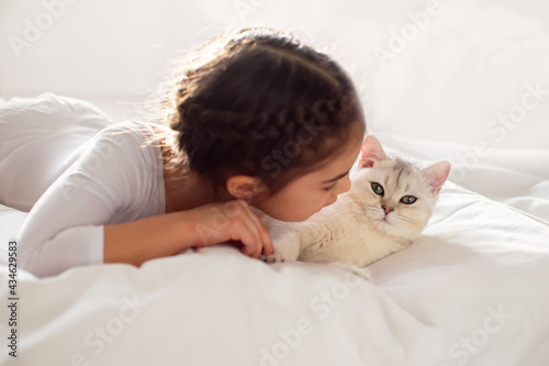Portrait of a beautiful little girl, lies on a clean, white bed with a white British cat.