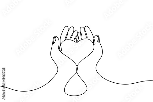 Continuous drawing line art of heart in hands. Hand drawn one line. Concept of volunteering, charity and donation. Give and share your love