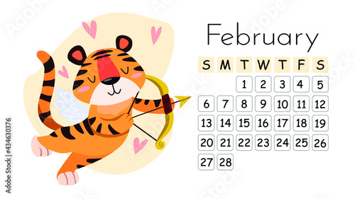 Horizontal desktop children's calendar design template for February 2022, the year of the Tiger in the Chinese calendar. Cute tiger cub angel cupid with bow and arrow. The week starts on Sunday.