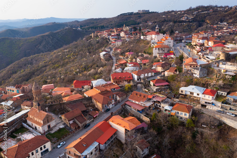 Aerial view on Signagi and Alazani valley, Georgia. Sighnaghi city of love in Georgia