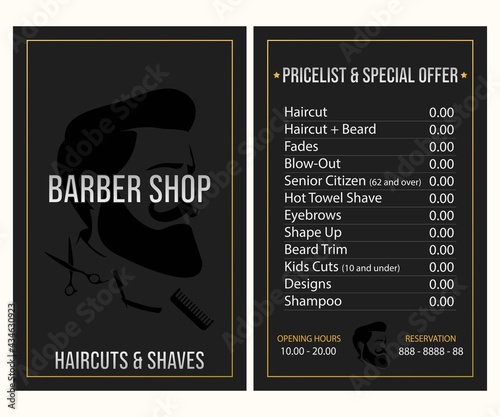 Illustration business card pricelist and special offer for barber shop	