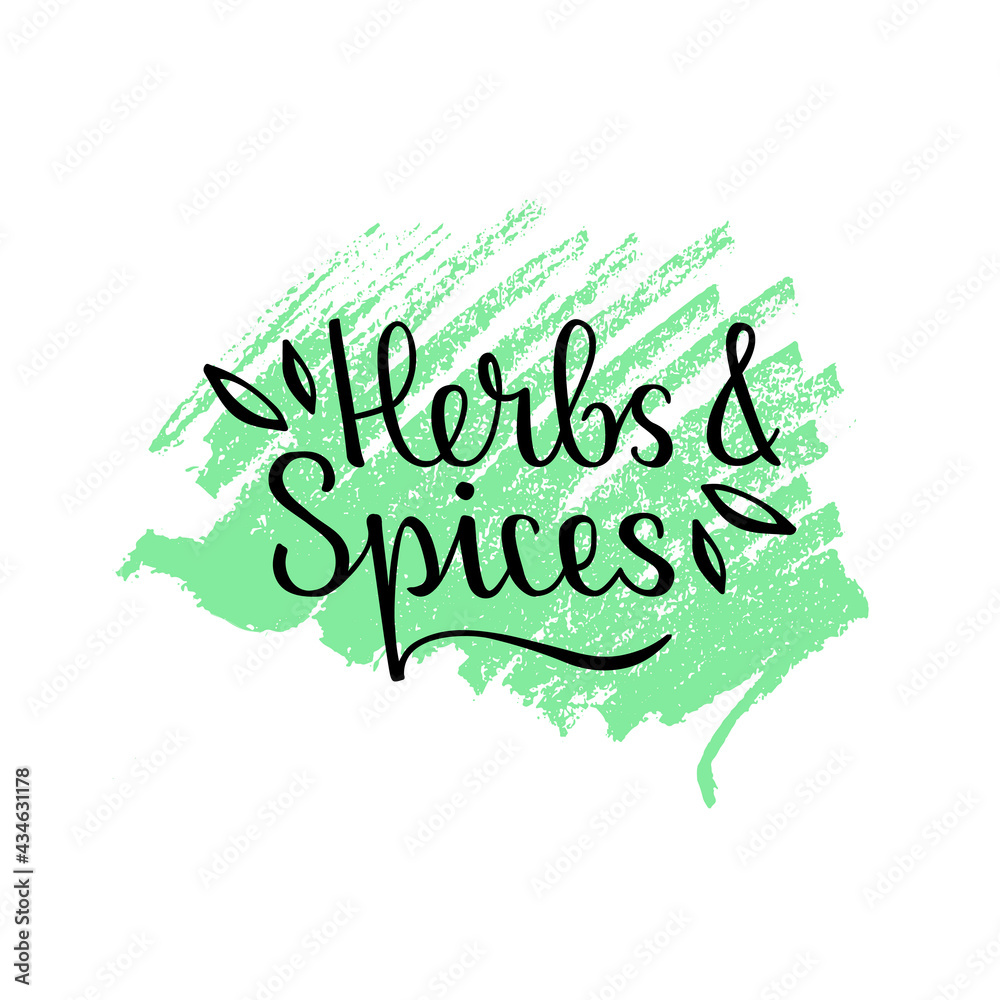Vector illustration of herbs and spices lettering for banner, poster, spice shop advertisement, signage, catalog, product design. Creative handwritten text for web or print
