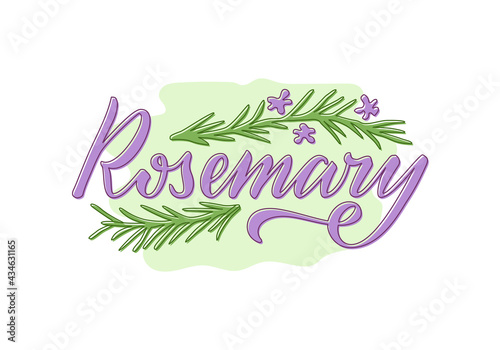 Vector illustration of rosemary lettering for packages, product design, banner, spice shop  price lists. Handwritten word with leaves and flowers for web or print

