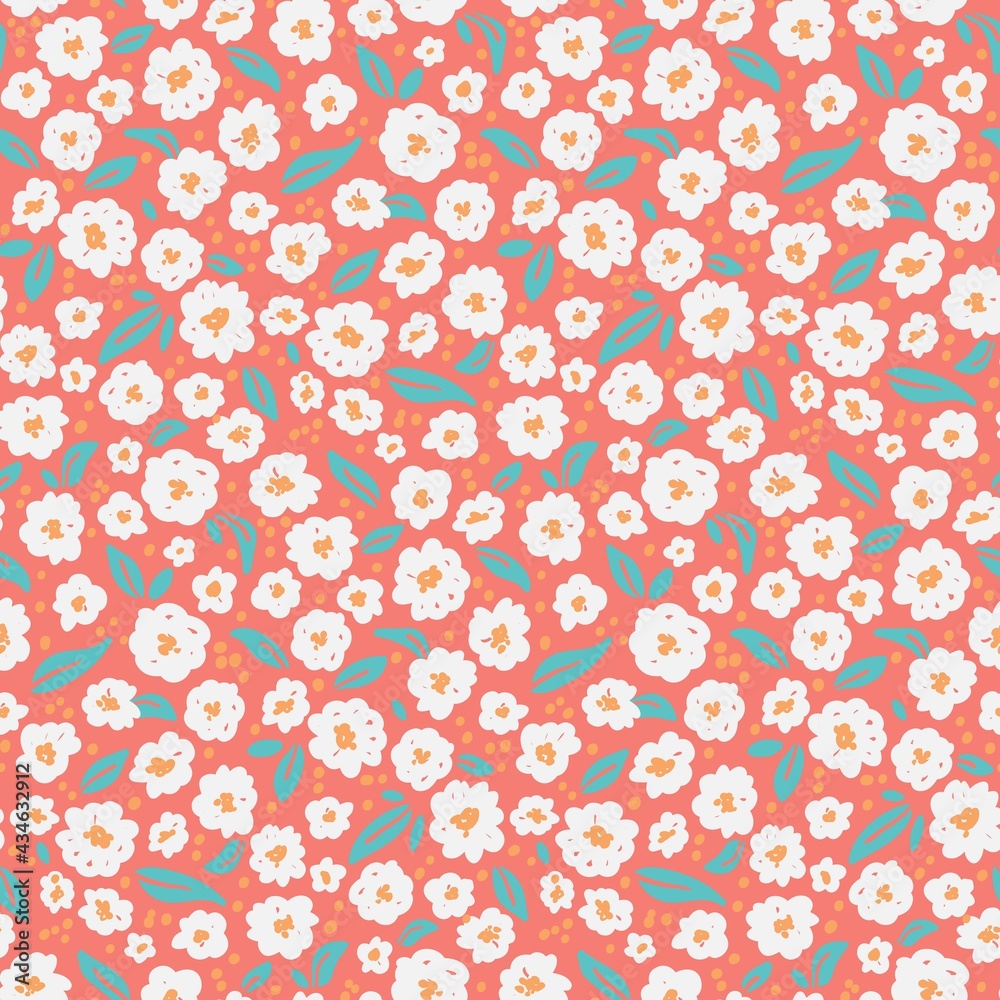 bright seamless floral pattern with tiny red white flowers