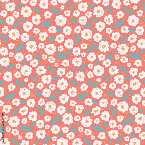 bright seamless floral pattern with tiny red white flowers