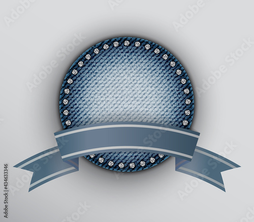 Blue round denim badge with ribbon and sequin border