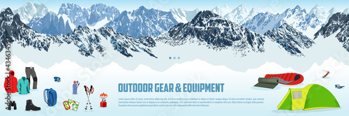 vector seamless outdoor gear store illustration with type design and clothing and equipment