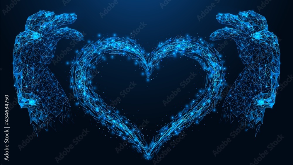Two hands catch the heart from the shards. Polygonal construction of interconnected lines and points. Blue background.