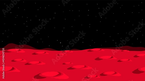 Mars cartoon landscape with craters. Alien planet seamless landscape. Vector illustration.