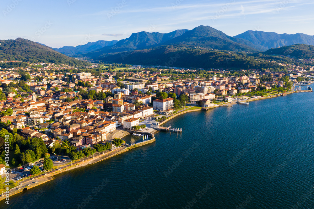 Aerial view of Luino, is small town on the shore of Lake Maggiore in province of Varese, Italy