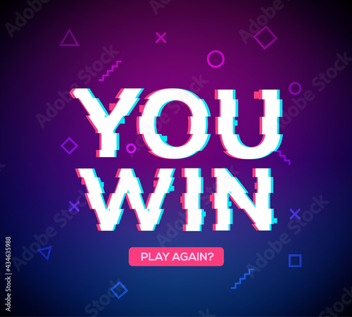 Retro game glitch win score background. Video game you win glitch effect text