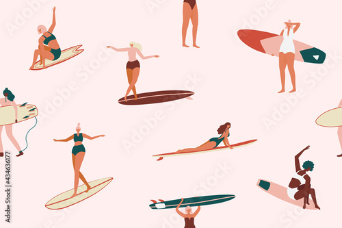 Retro Surfing seamless pattern in vector. Surf girls character in swimsuit with a shortboard and Longboard seamless pattern. Summer design for fabric, wallpaper, packaging paper, backgrounds and decor