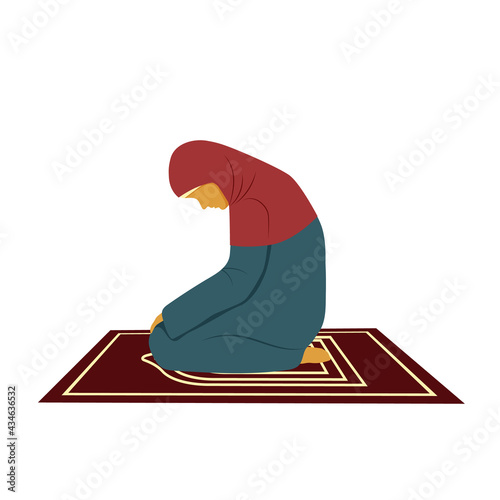 Muslim woman praying to Allah Namaz, Islamic Prayer, Obligatory five times prayer. Vector illustration