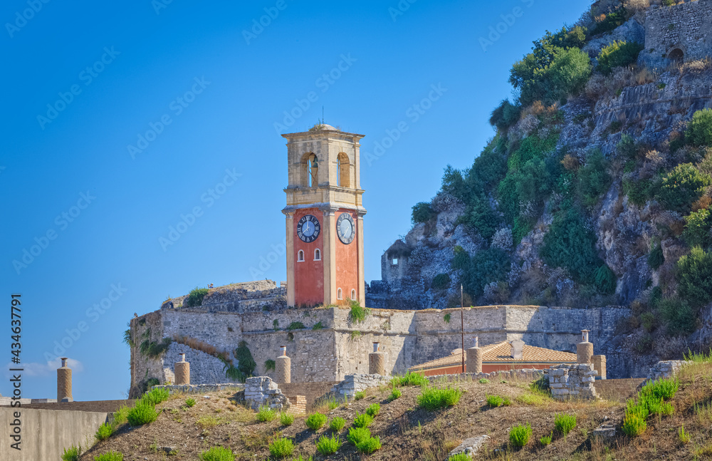 Old clock tower at Venetian fortress in Corfu town Greece
