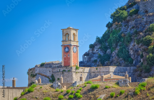 Old clock tower at Venetian fortress in Corfu town Greece