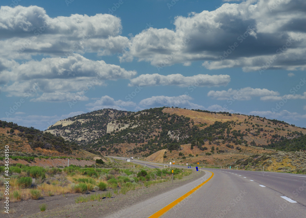 Nevada landscape along Highway 80 with beautiful clouds in the skies.