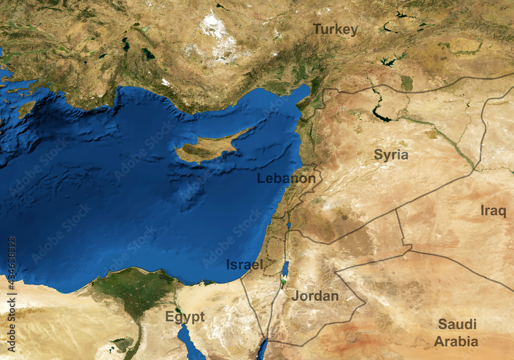 Middle East map in global satellite photo. Elements of this image