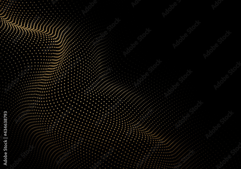 Gold wave flow and golden glitter on black background. Abstract shiny color gold wave luxury background. Luxury gold flow wallpaper.